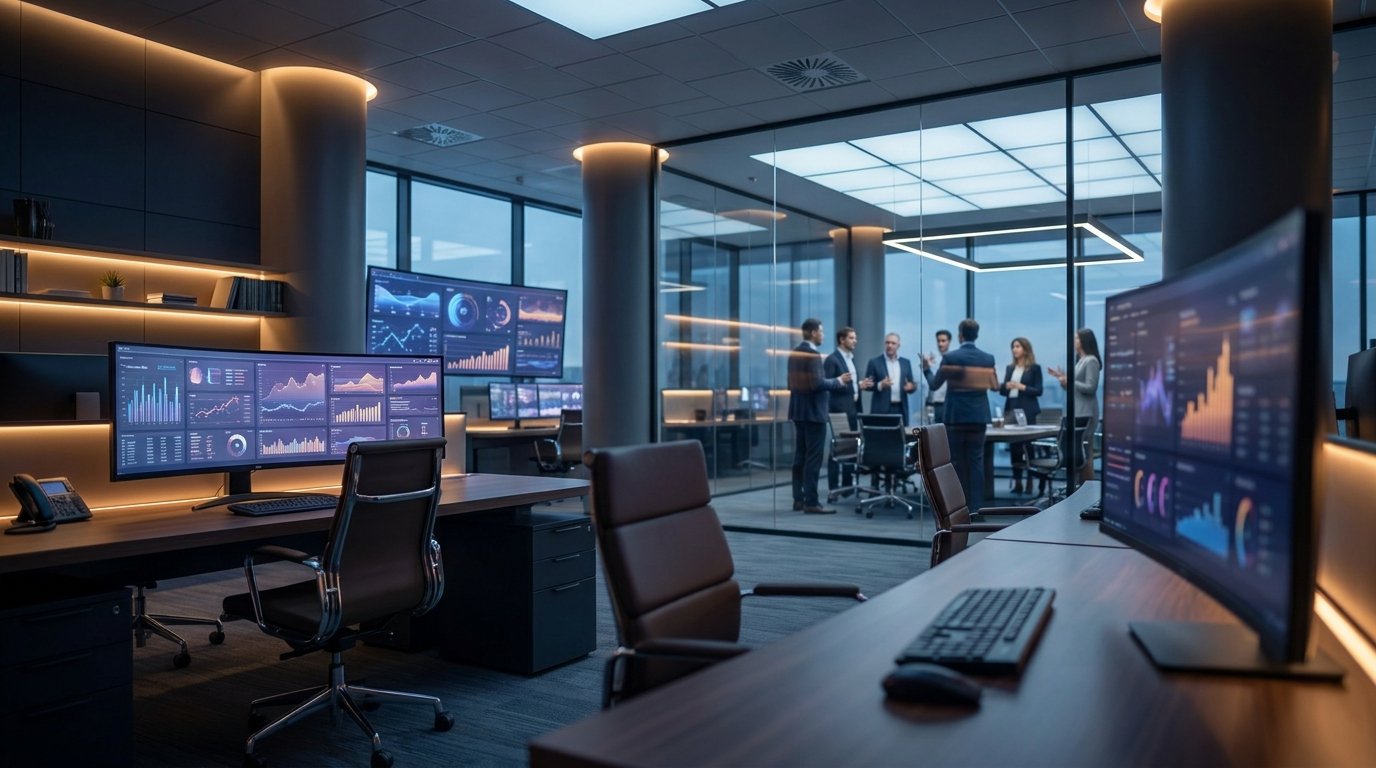 Modern procurement team working in a digital office environment with analytics dashboards