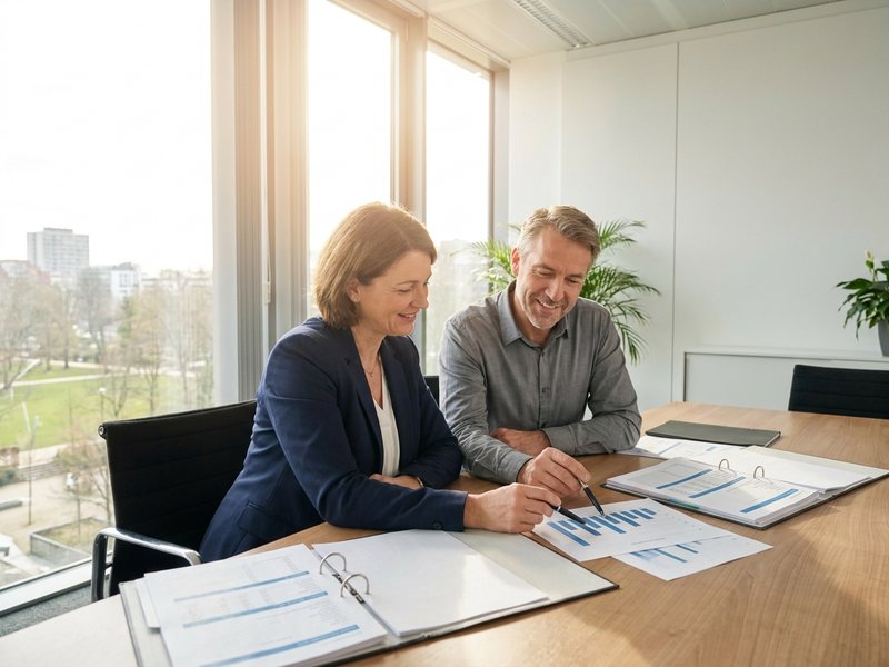 Procurement consultants reviewing analytics reports in a meeting