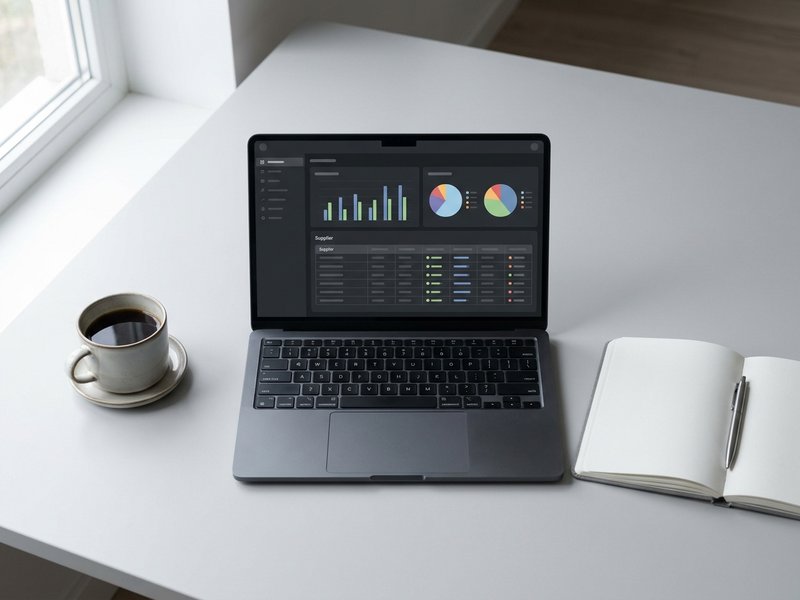 Procurement platform dashboard on a laptop in a professional workspace